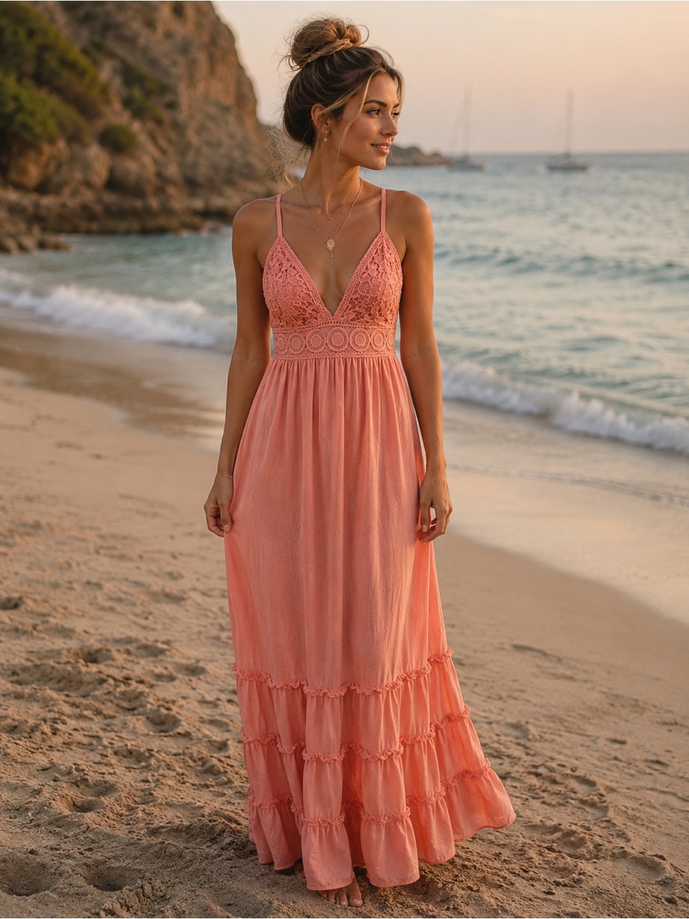 Coral Pink Lace Bodice Spaghetti Strap Maxi Dress